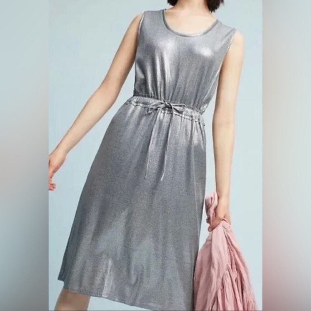 Dolan‎ Midi Dress Women Small Silver NWT Metallic Ribbed Cinch Waist 171813P